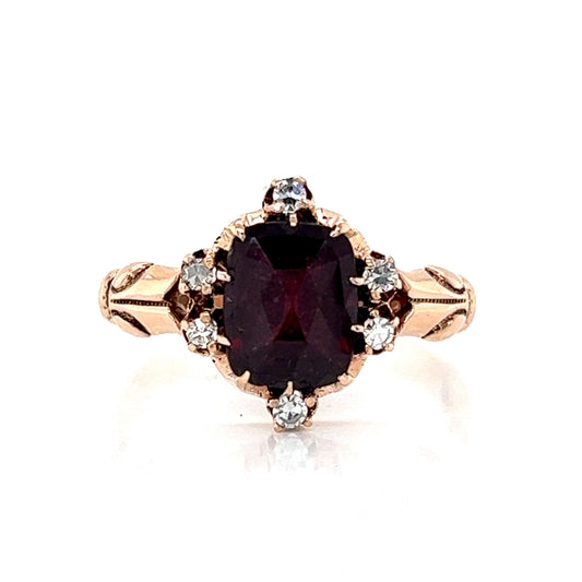 Victorian Antique Cut Garnet & Diamond Ring in 10k Yellow Gold