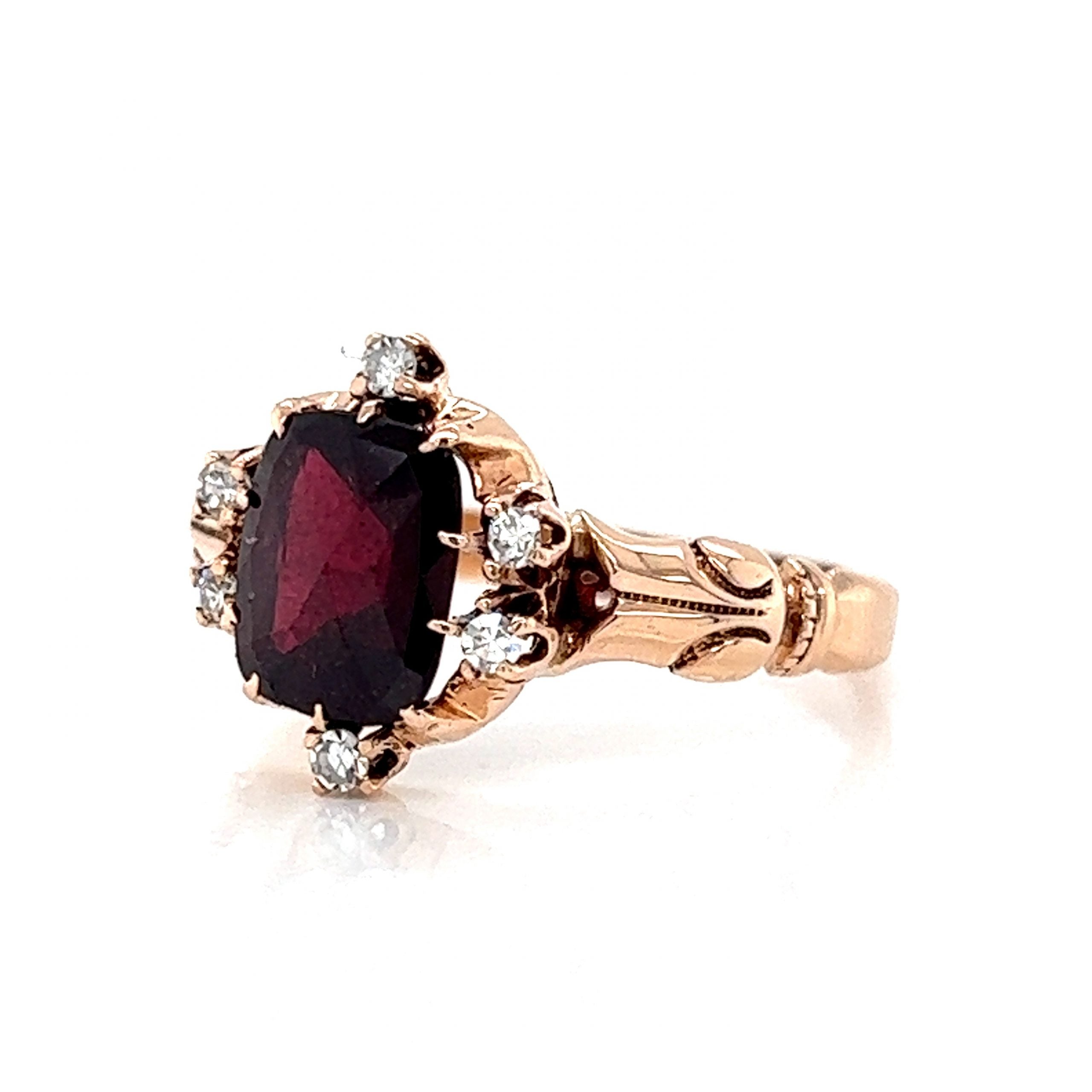 Victorian Antique Cut Garnet & Diamond Ring in 10k Yellow Gold