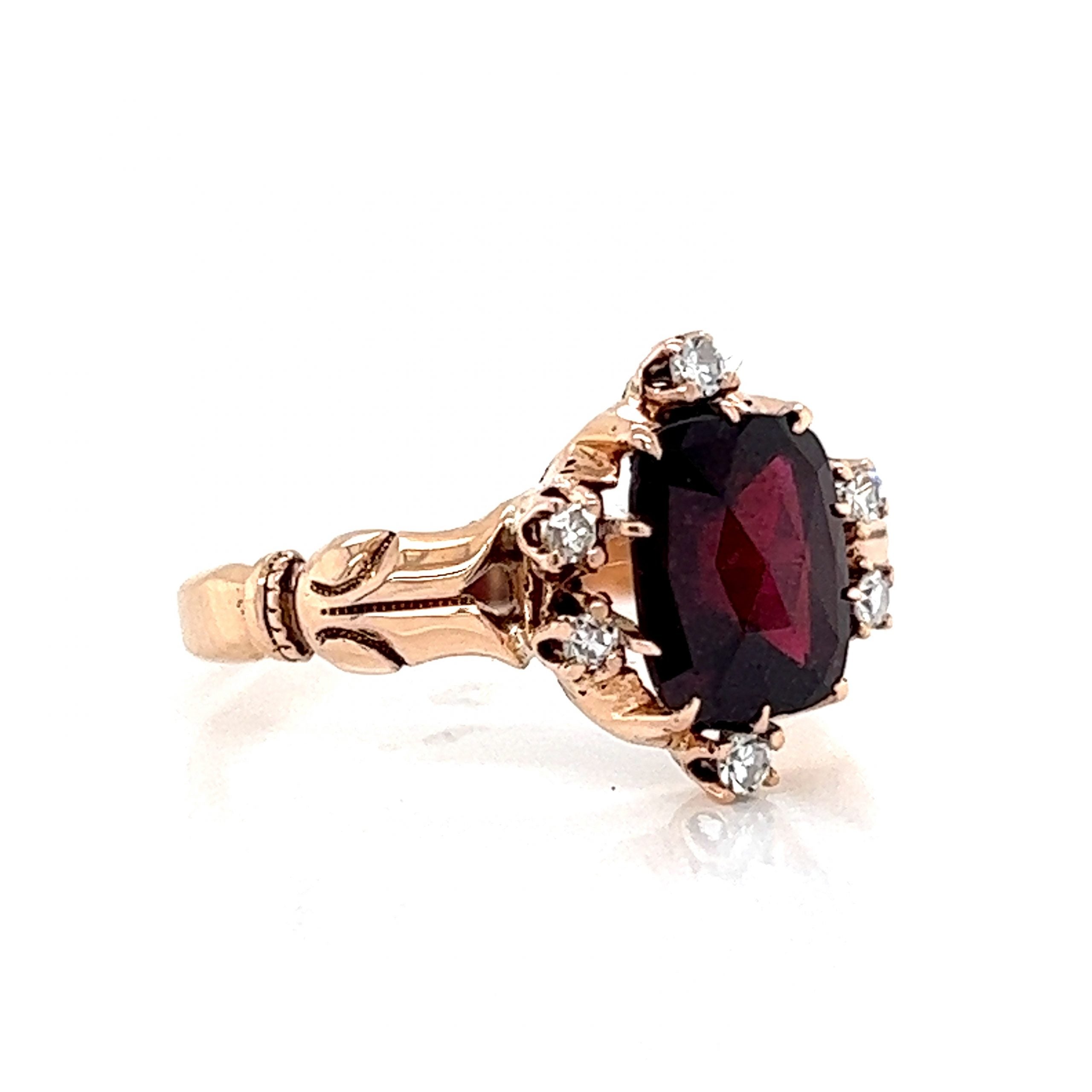 Victorian Antique Cut Garnet & Diamond Ring in 10k Yellow Gold