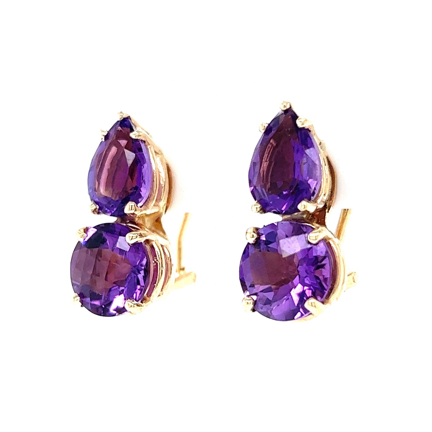 Pear & Round Cut Amethyst Stud Earrings in 14k Yellow Gold