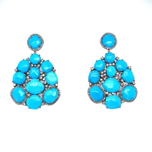 Turquoise Cluster Drop Earrings in Sterling Silver