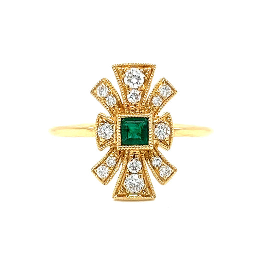 Antique Inspired Square Emerald & Diamond Cluster Ring in 18k