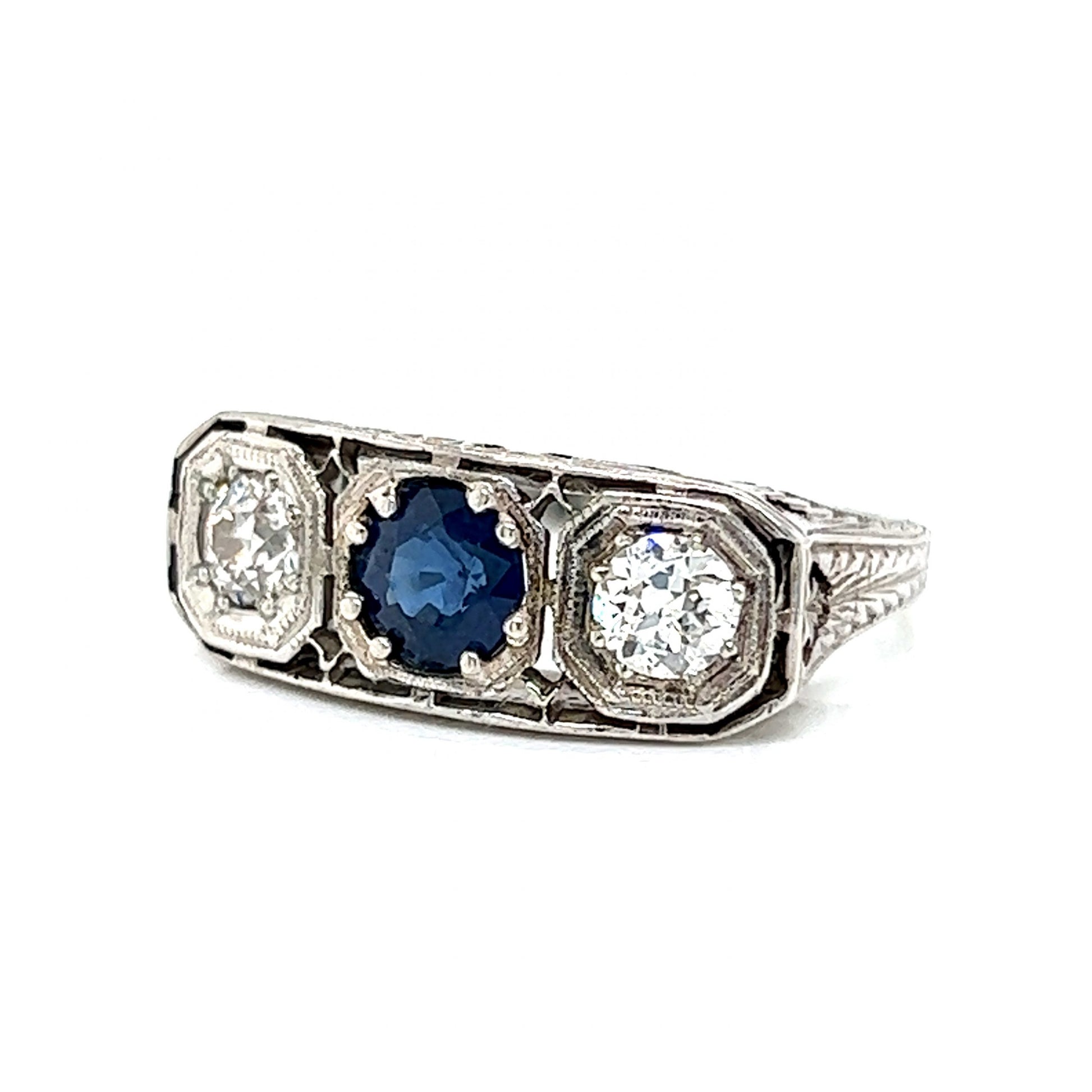 Antique Three Stone Sapphire & Diamond Engagement Ring in 18k