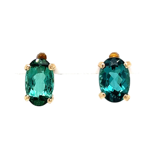 Blue Green Oval Cut Tourmaline Stud Earrings in 14k Yellow Gold