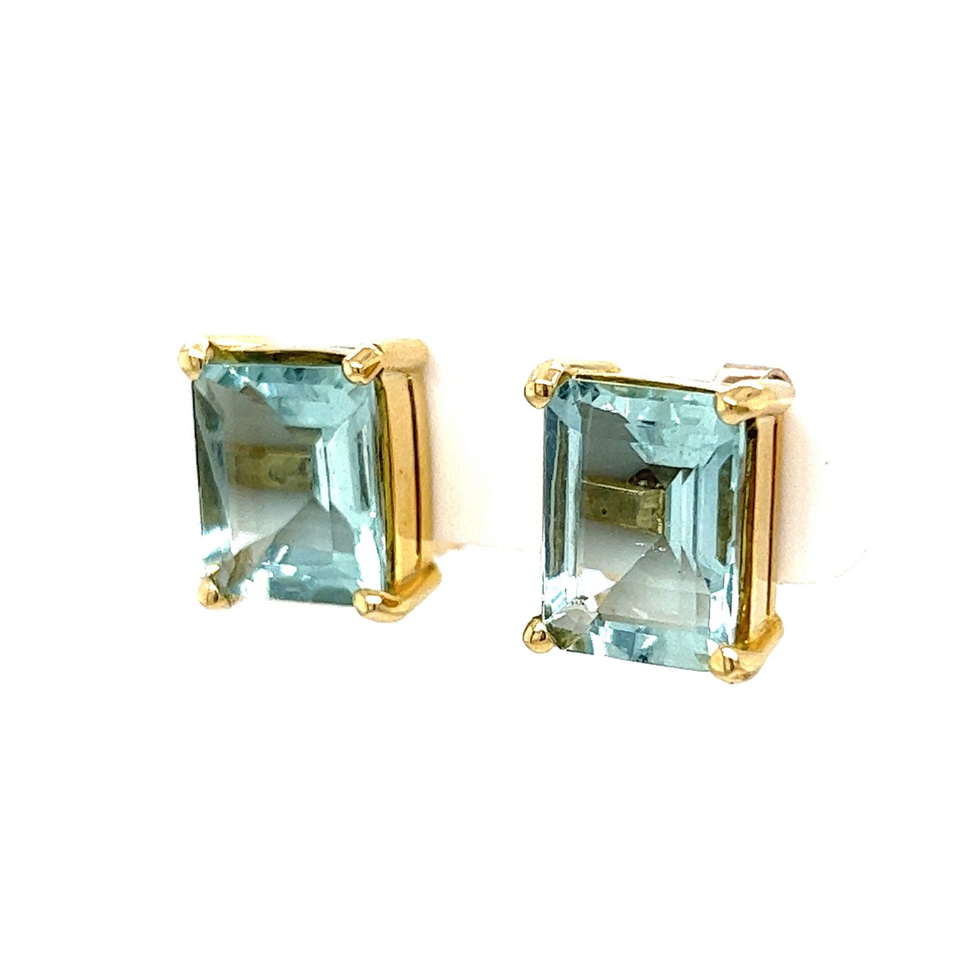 Large Emerald Cut Aquamarine Stud Earrings in 14k Yellow Gold