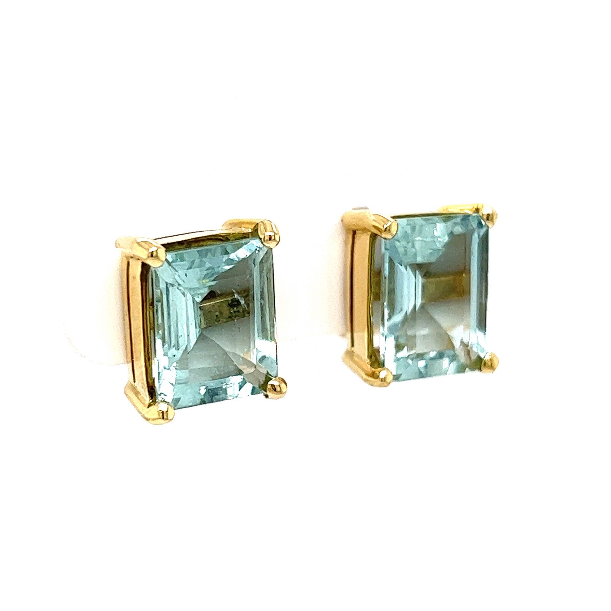 Large Emerald Cut Aquamarine Stud Earrings in 14k Yellow Gold