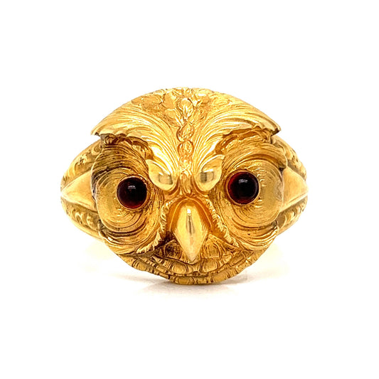 Men's Antique Victorian Garnet Owl Ring in 18k Yellow Gold