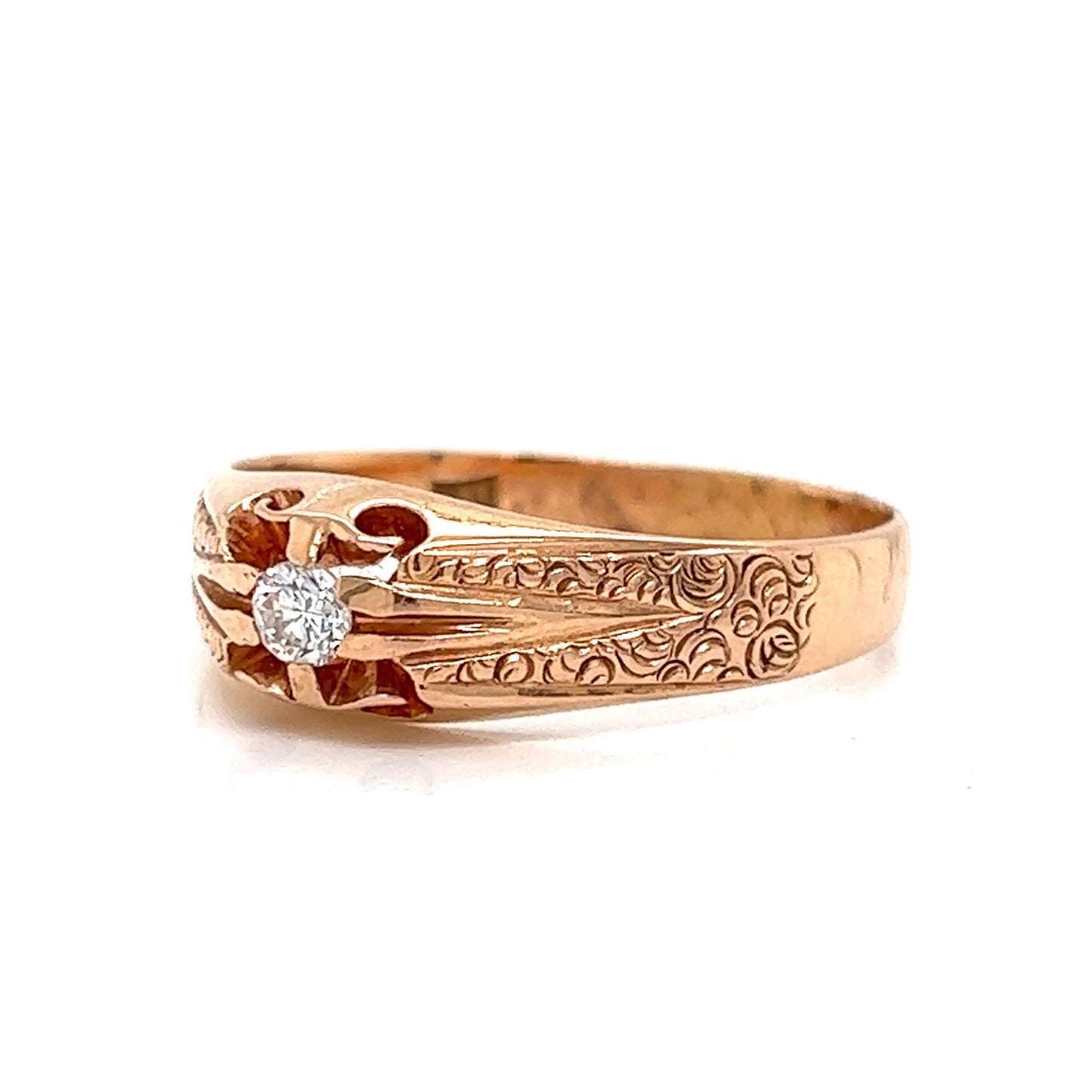 Victorian Engraved Single Diamond Ring in 14k Rose Gold