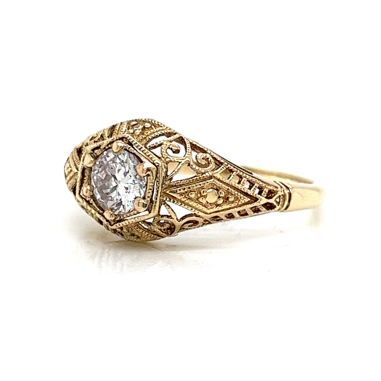 Solitaire Filigree Art Deco Engagement Ring in 14k Yellow Gold