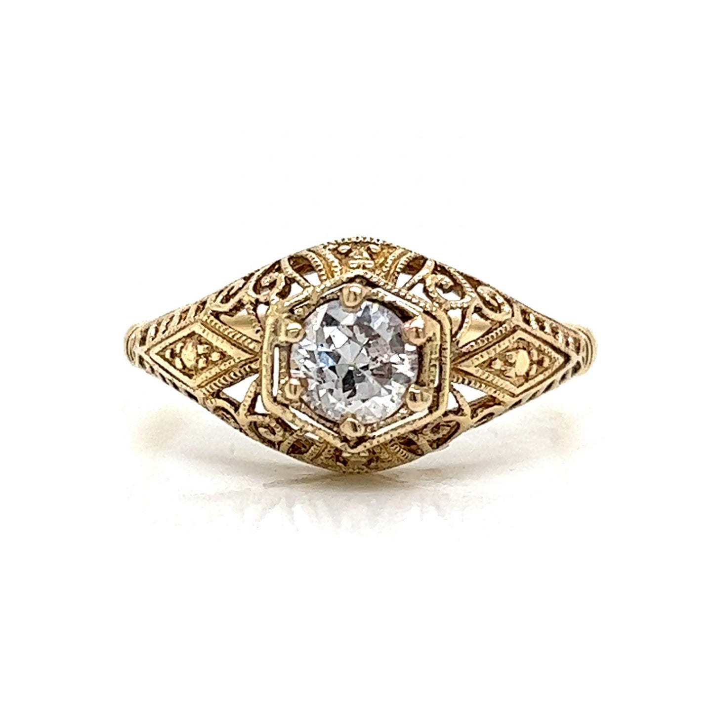 Solitaire Filigree Art Deco Engagement Ring in 14k Yellow Gold