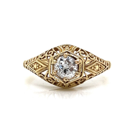 Solitaire Filigree Art Deco Engagement Ring in 14k Yellow Gold