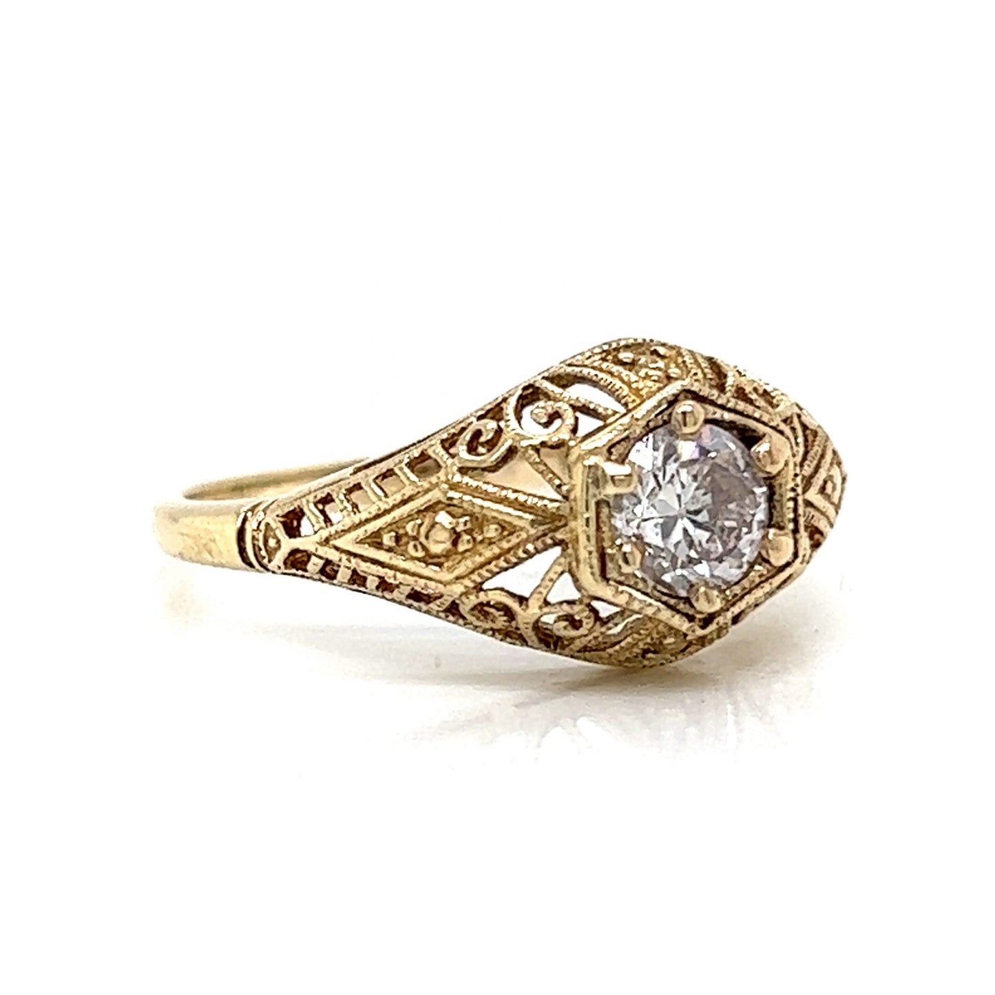 Solitaire Filigree Art Deco Engagement Ring in 14k Yellow Gold