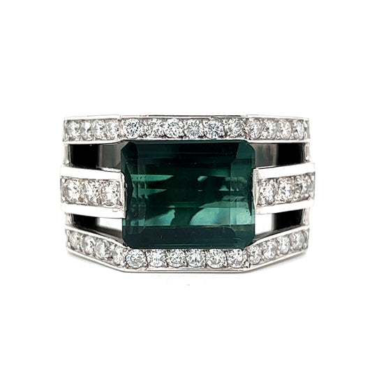 Chunky Green Tourmaline & Diamond Ring 18k White Gold