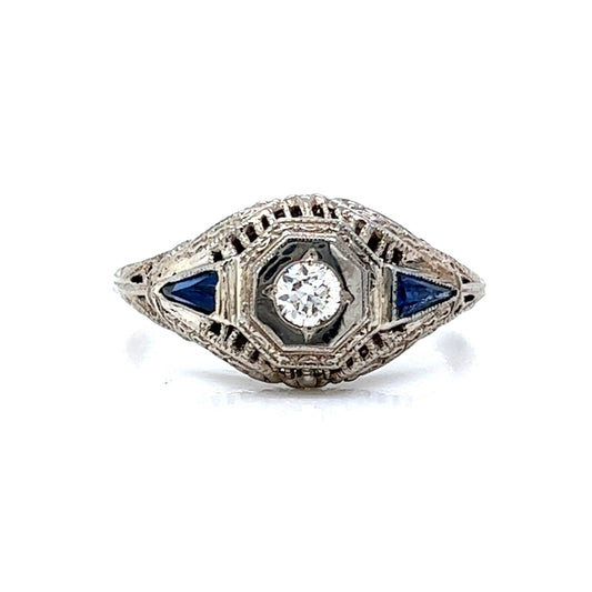 Filigree Diamond & Sapphire Engagement Ring in 18k White Gold