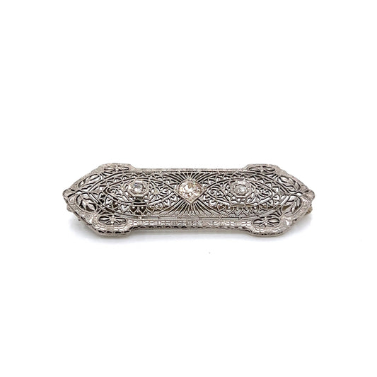 Antique Filigree Diamond Brooch in 14k White Gold