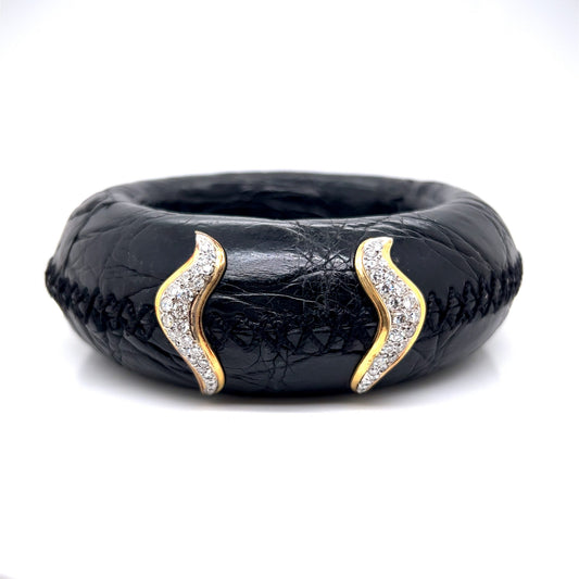 Stitched Leather & Diamond Bangle Bracelet in 14k Yellow Gold