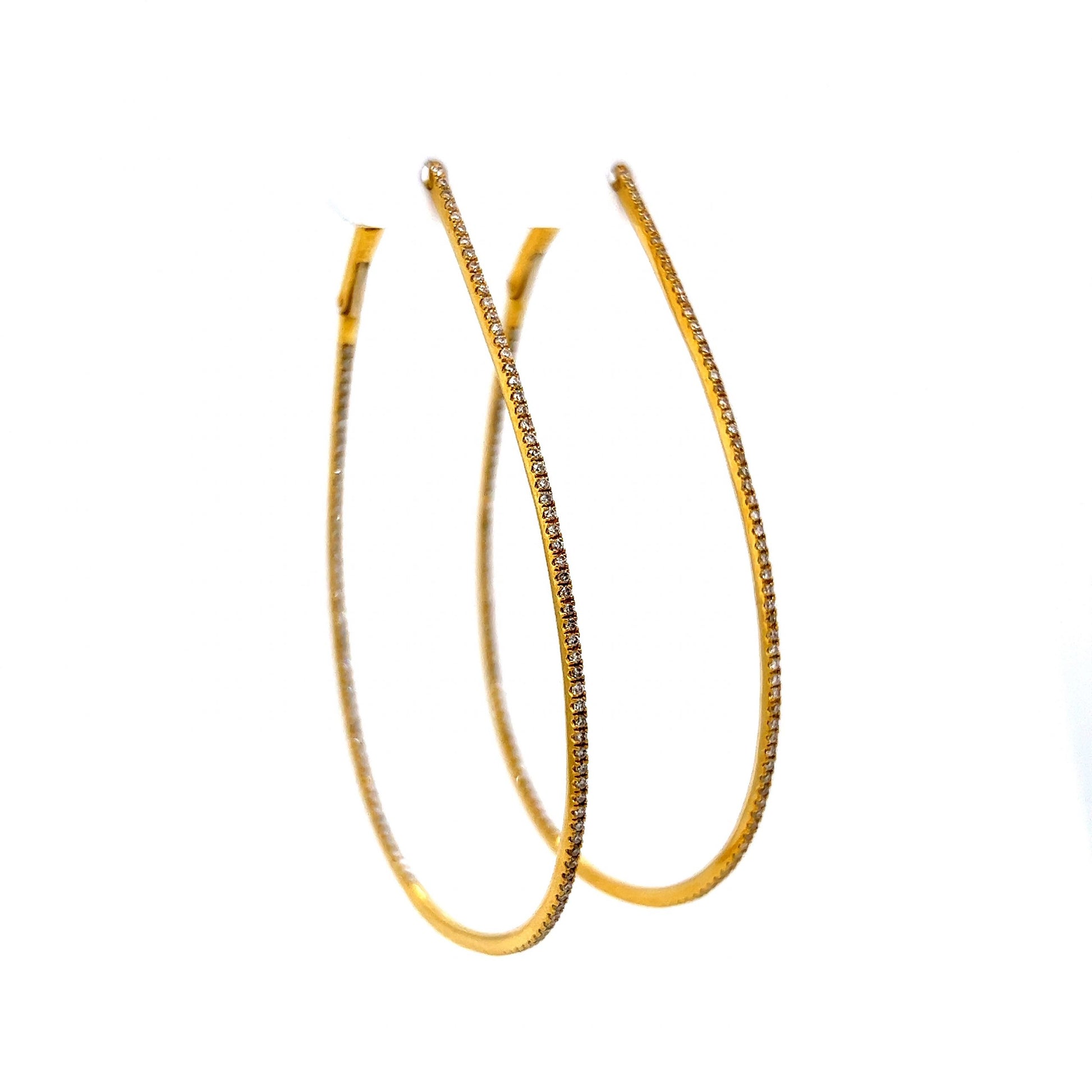 Thin Teardrop Diamond Hoop Earrings in 18k Yellow Gold