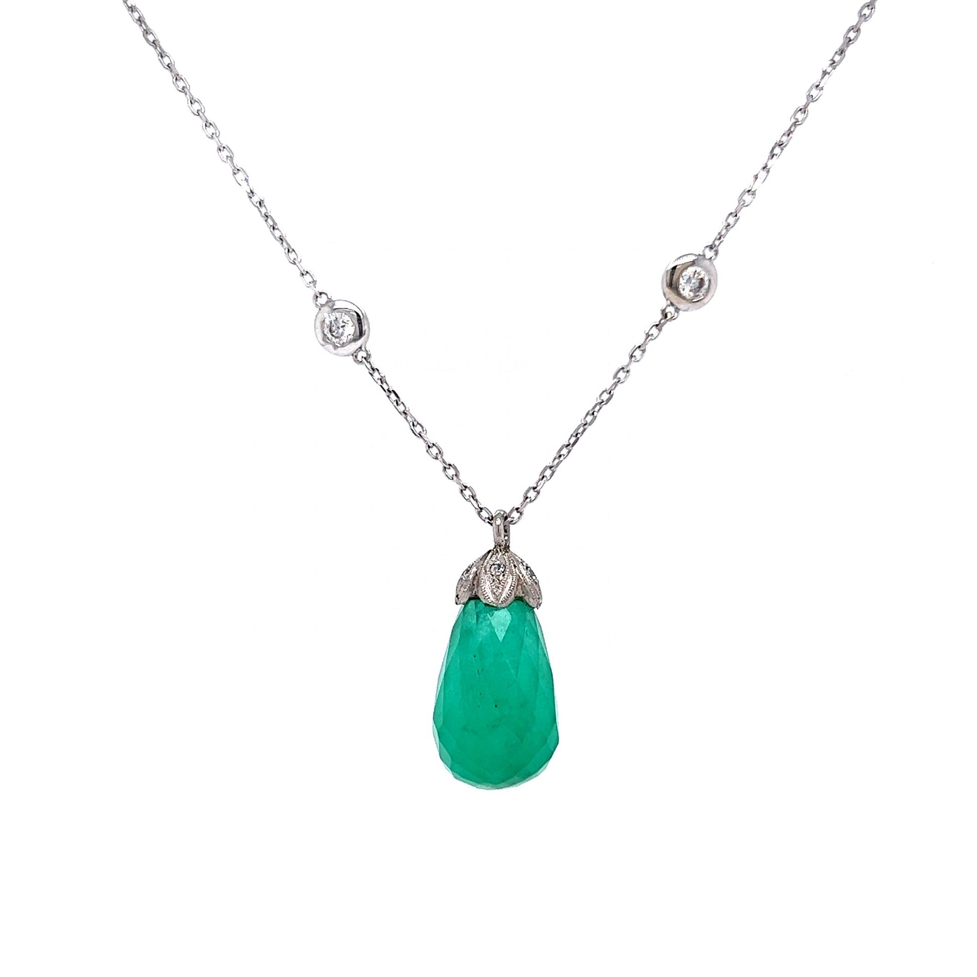 Emerald Briolette Pendant & Diamond Necklace in 14k White Gold