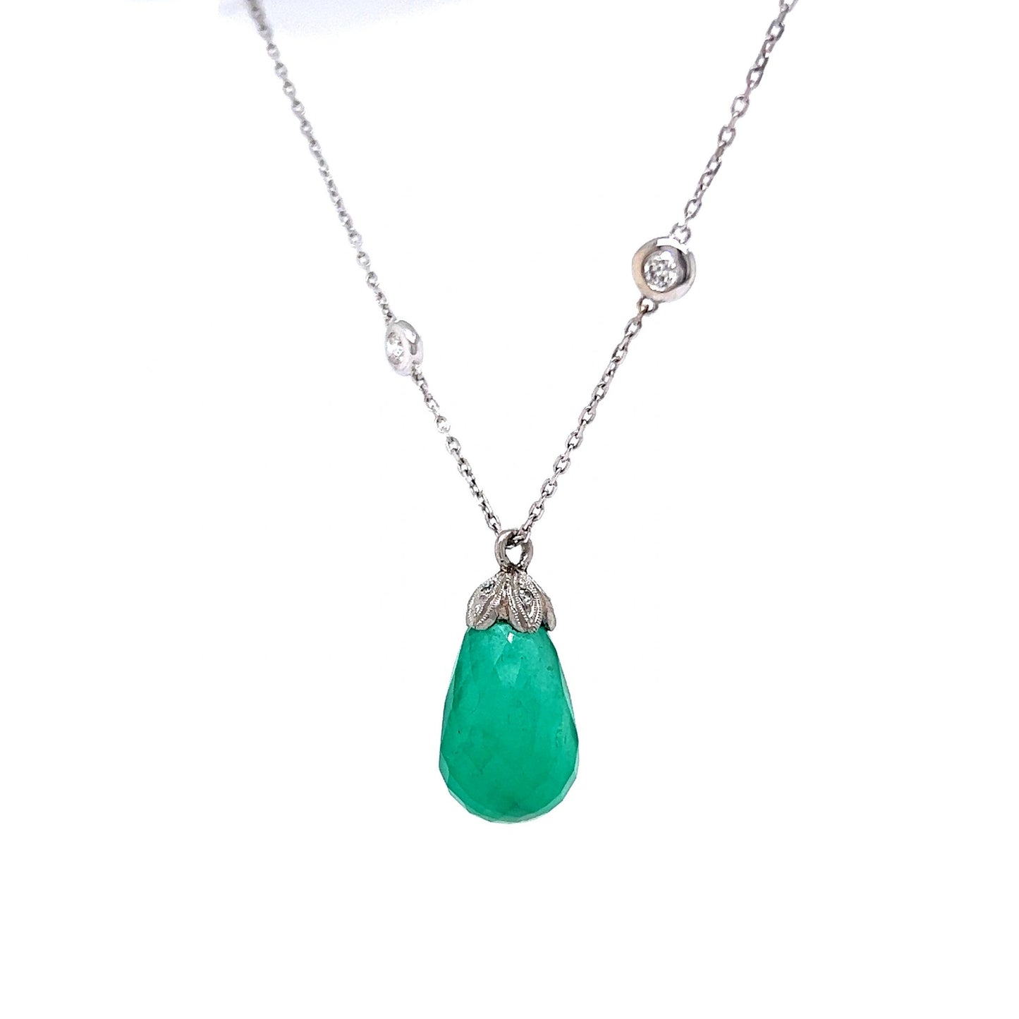 Emerald Briolette Pendant & Diamond Necklace in 14k White Gold