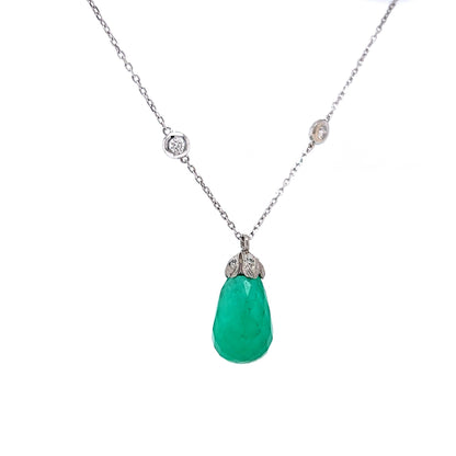 Emerald Briolette Pendant & Diamond Necklace in 14k White Gold