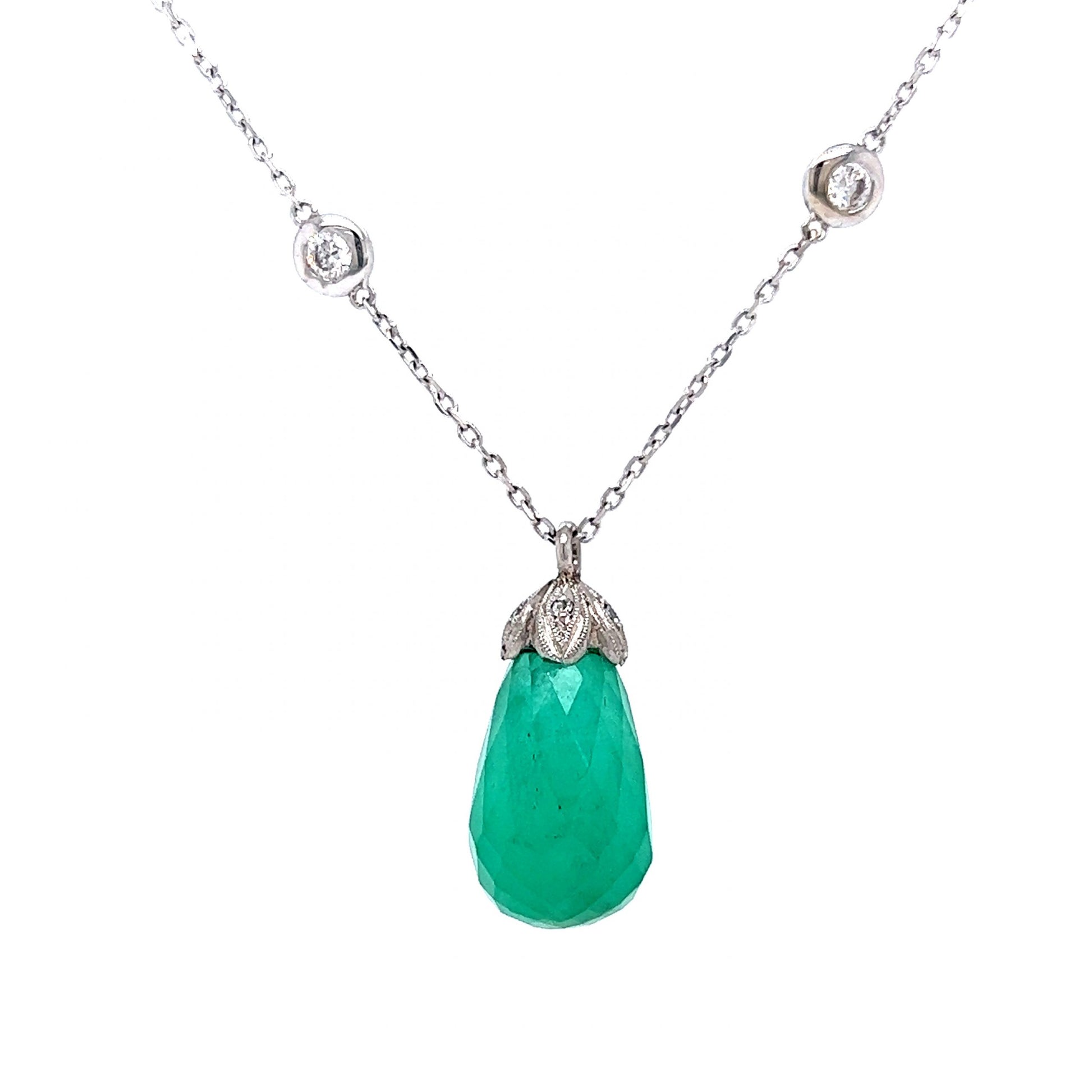 Emerald Briolette Pendant & Diamond Necklace in 14k White Gold