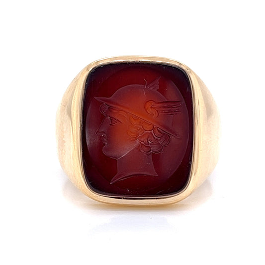 Mid-Century Men's Carved Sardonyx Ring in 14k Yellow Gold