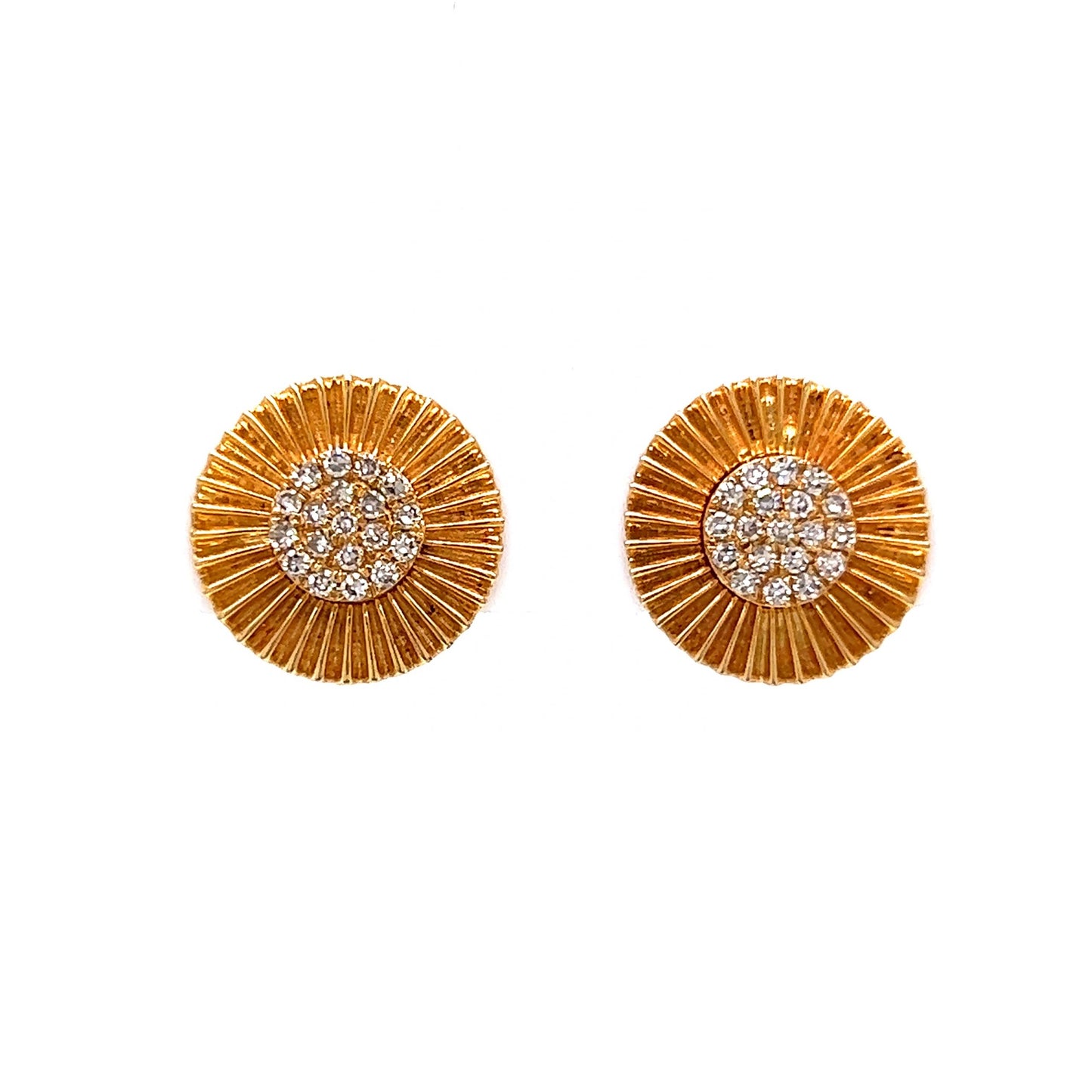 Pave Diamond Textured Disk Stud Earrings in 14k Yellow Gold