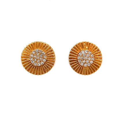 Pave Diamond Textured Disk Stud Earrings in 14k Yellow Gold