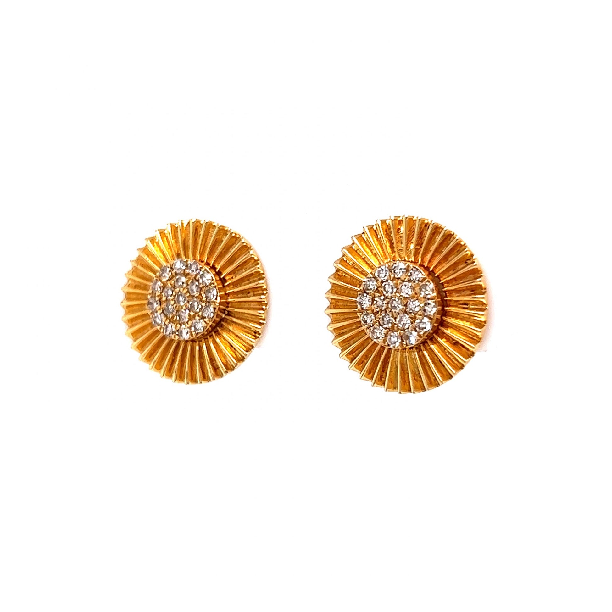 Pave Diamond Textured Disk Stud Earrings in 14k Yellow Gold