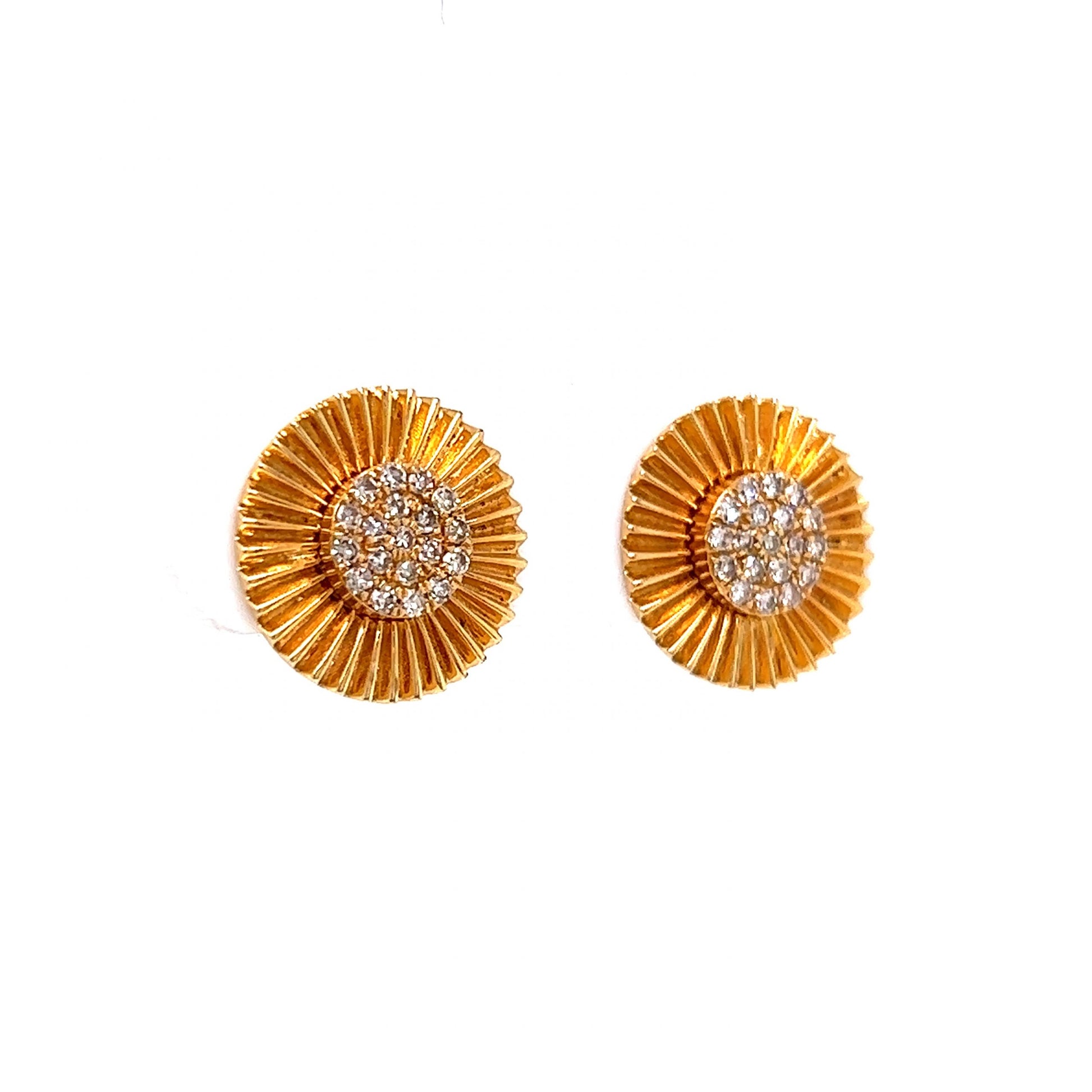 Pave Diamond Textured Disk Stud Earrings in 14k Yellow Gold