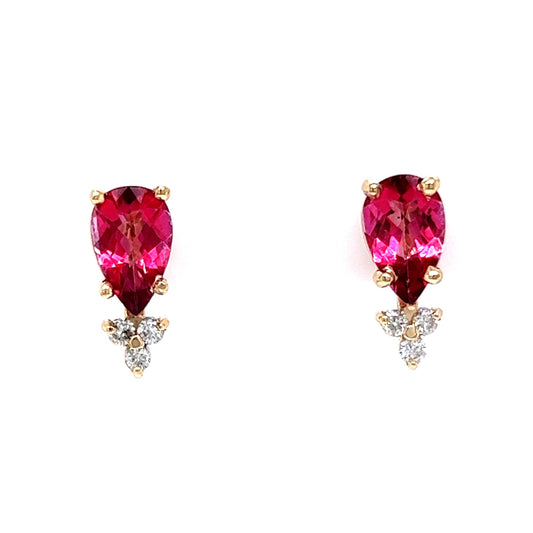 Faceted Pink Tourmaline & Diamond Earrings in 14k Yellow Gold