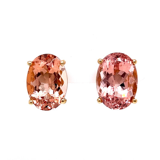 Large Oval Cut Morganite Stud Earrings in 14k Yellow Gold