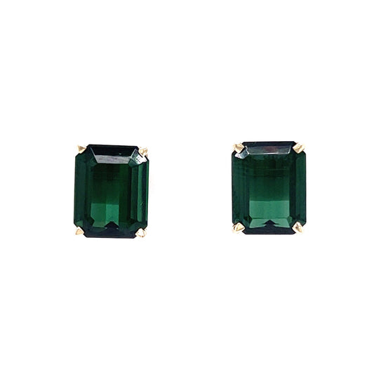 Elegant Emerald Cut Green Tourmaline Earrings in 14k Yellow Gold