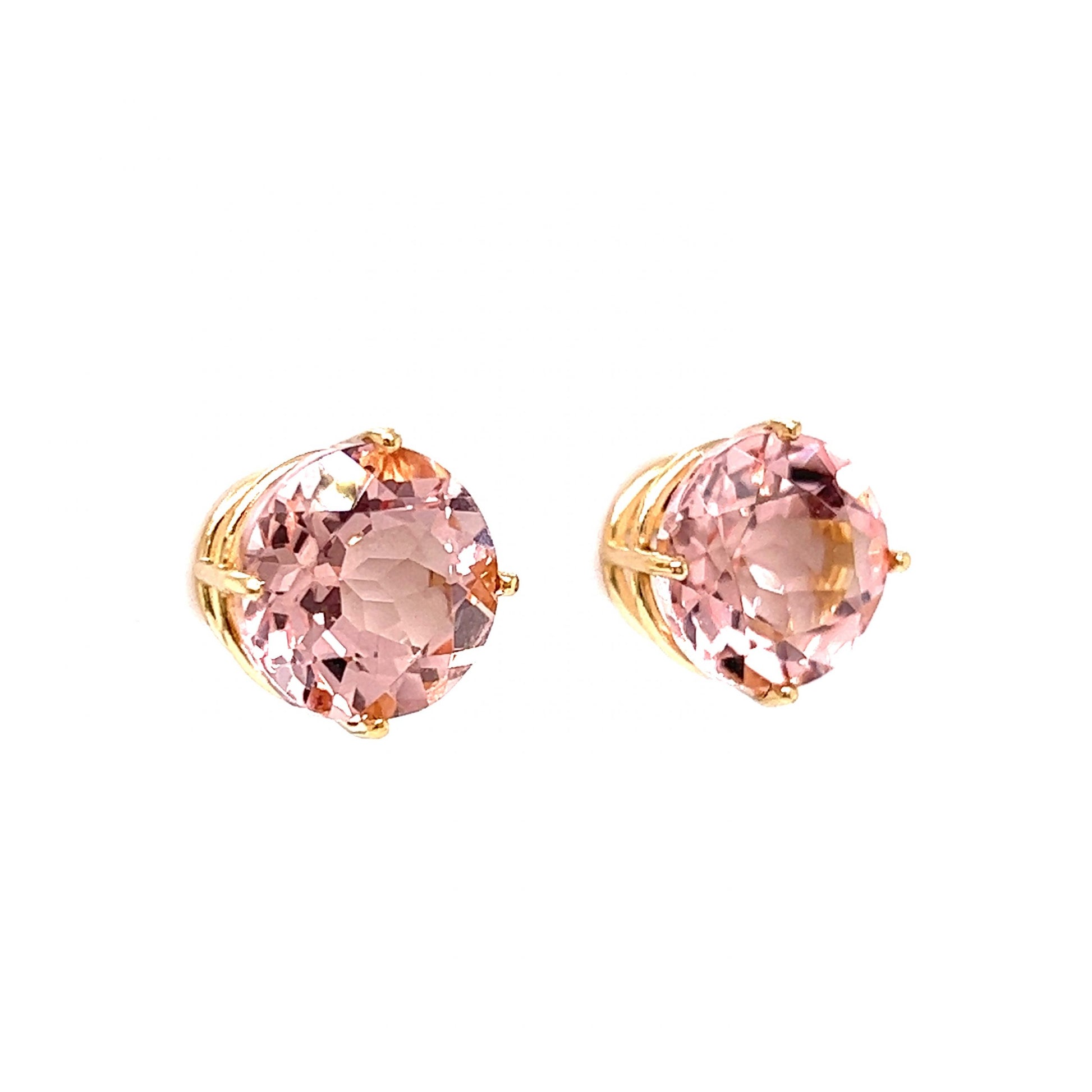 Large Round Cut Morganite Stud Earrings in 14k Yellow Gold