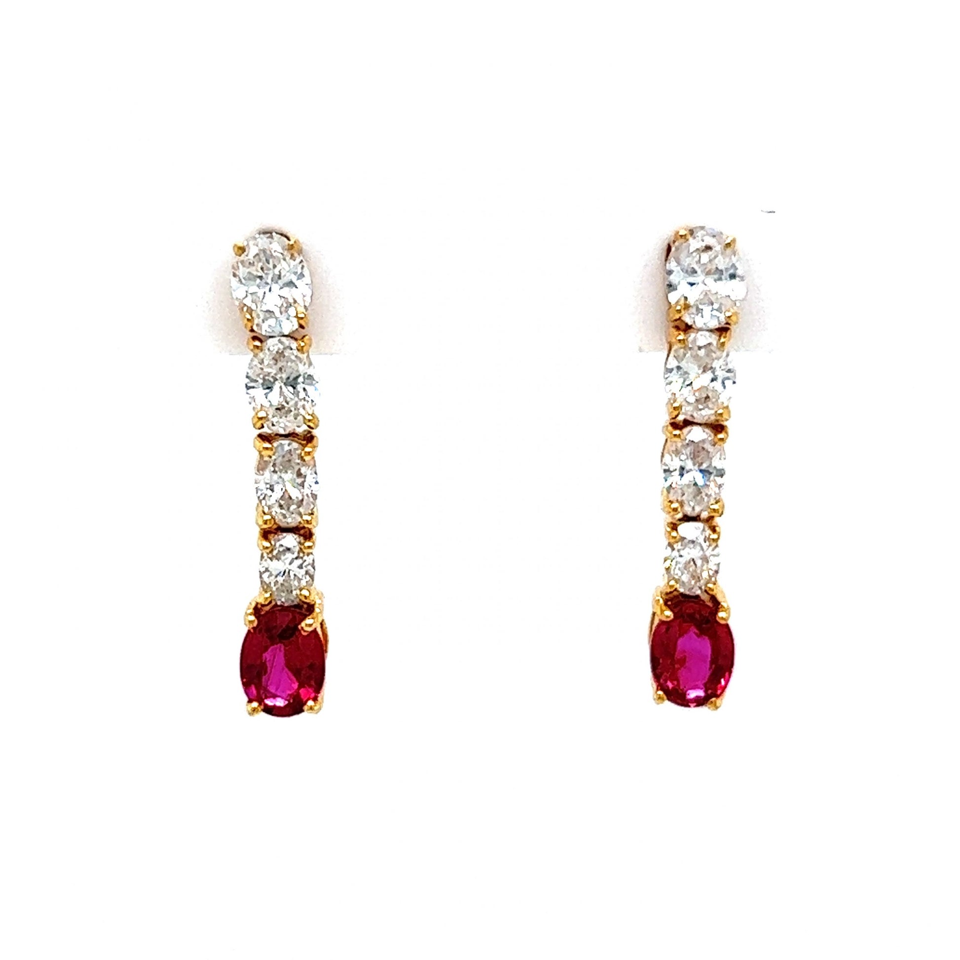 Oval Cut Diamond Ruby Drop Earrings in 18k Yellow Gold