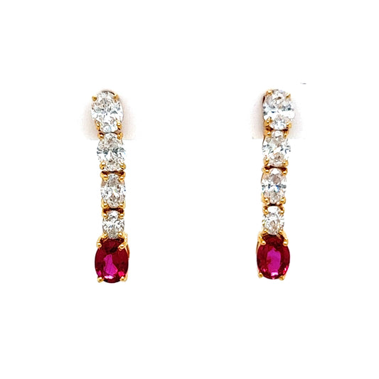 Oval Cut Diamond & Ruby Drop Earrings in 18k Yellow Gold