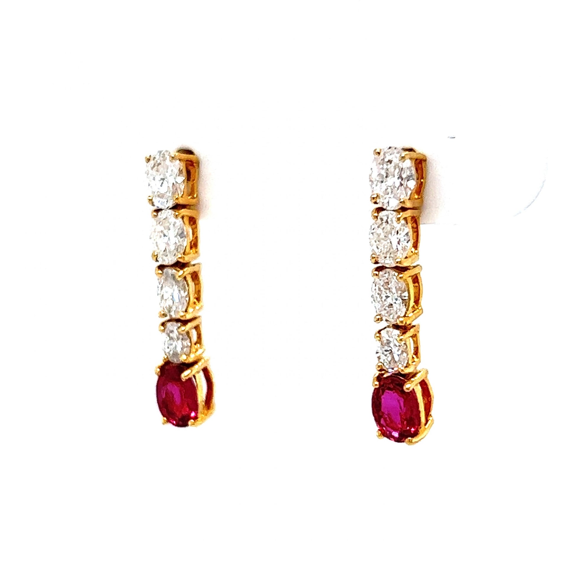 Oval Cut Diamond & Ruby Drop Earrings in 18k Yellow Gold