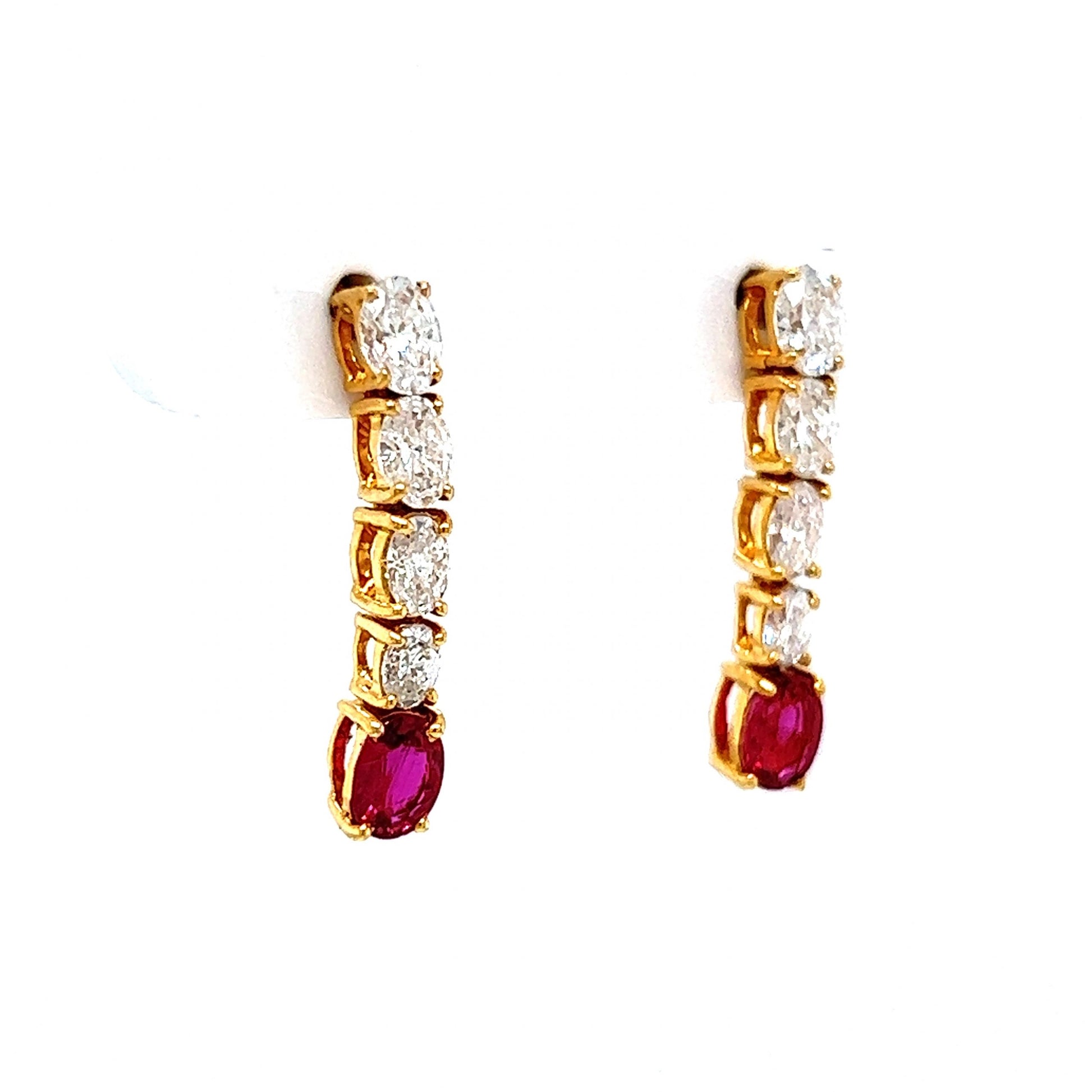 Oval Cut Diamond & Ruby Drop Earrings in 18k Yellow Gold