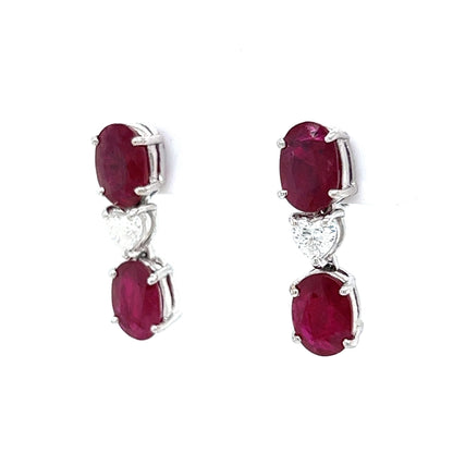 Ruby & Heart Cut Diamond Drop Earrings in 18k White Gold
