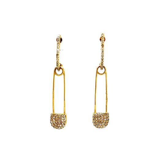 Pave Diamond Safety Pin Drop Earrings in 14k Yellow Gold