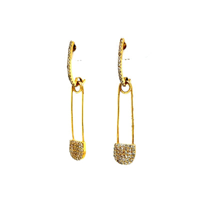 Pave Diamond Safety Pin Drop Earrings in 14k Yellow Gold