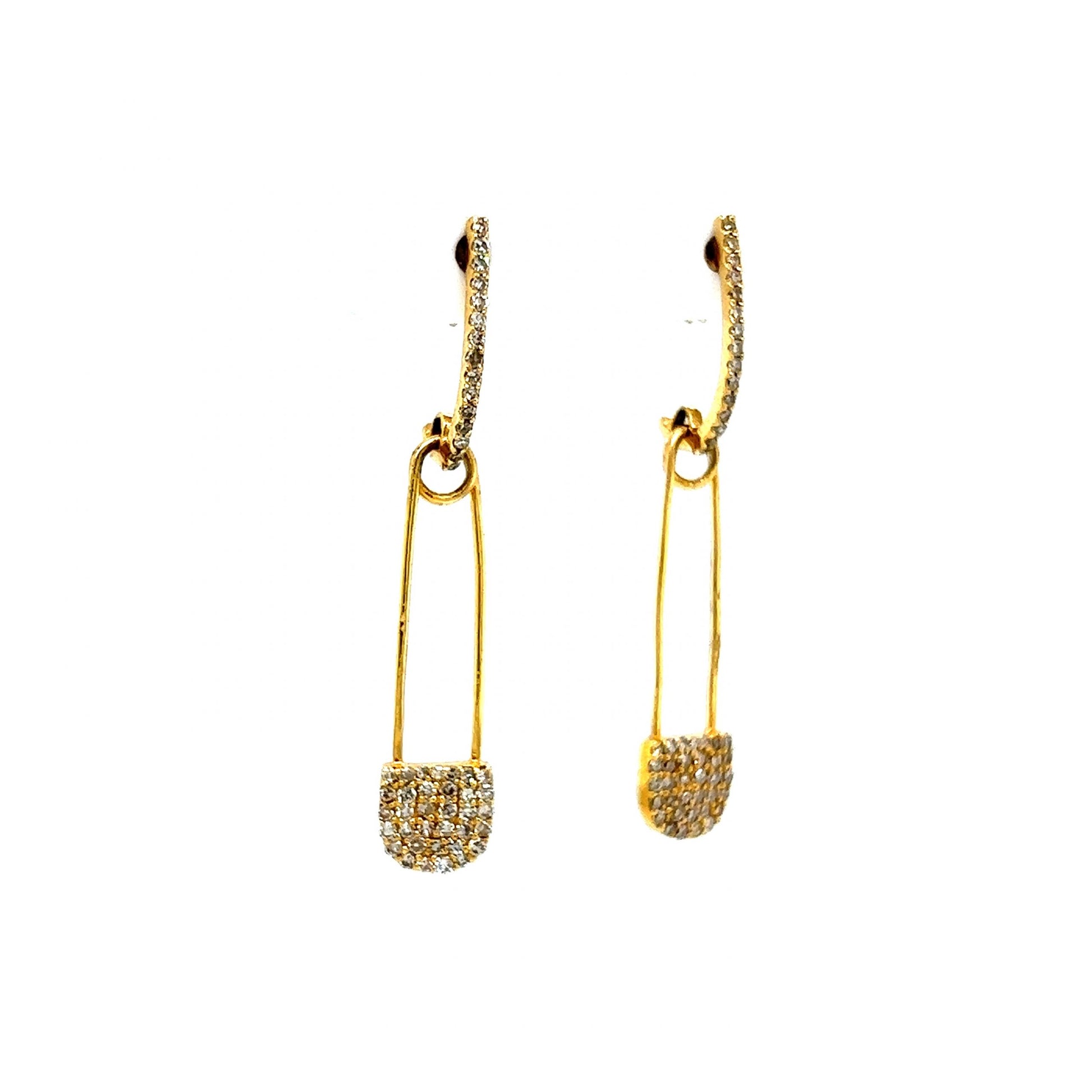 Pave Diamond Safety Pin Drop Earrings in 14k Yellow Gold