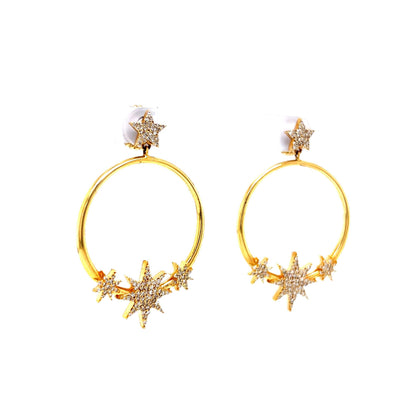 Pave Diamond Celestial Star Hoop Earrings in 14k Yellow Gold