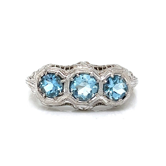 Art Deco Aquamarine Three Stone Cocktail Ring in 18k White Gold