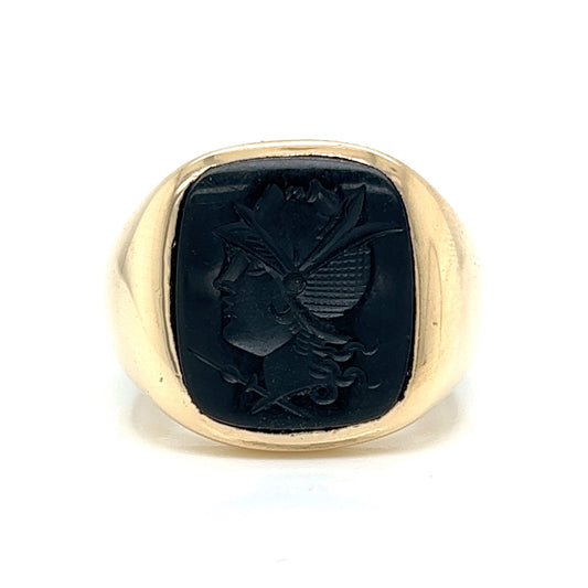 Mid-Century Men's Onyx Intaglio Ring in 14k Yellow Gold