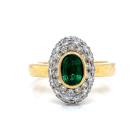 Oval Cut Emerald & Pave Diamond Ring in 18k Yellow Gold