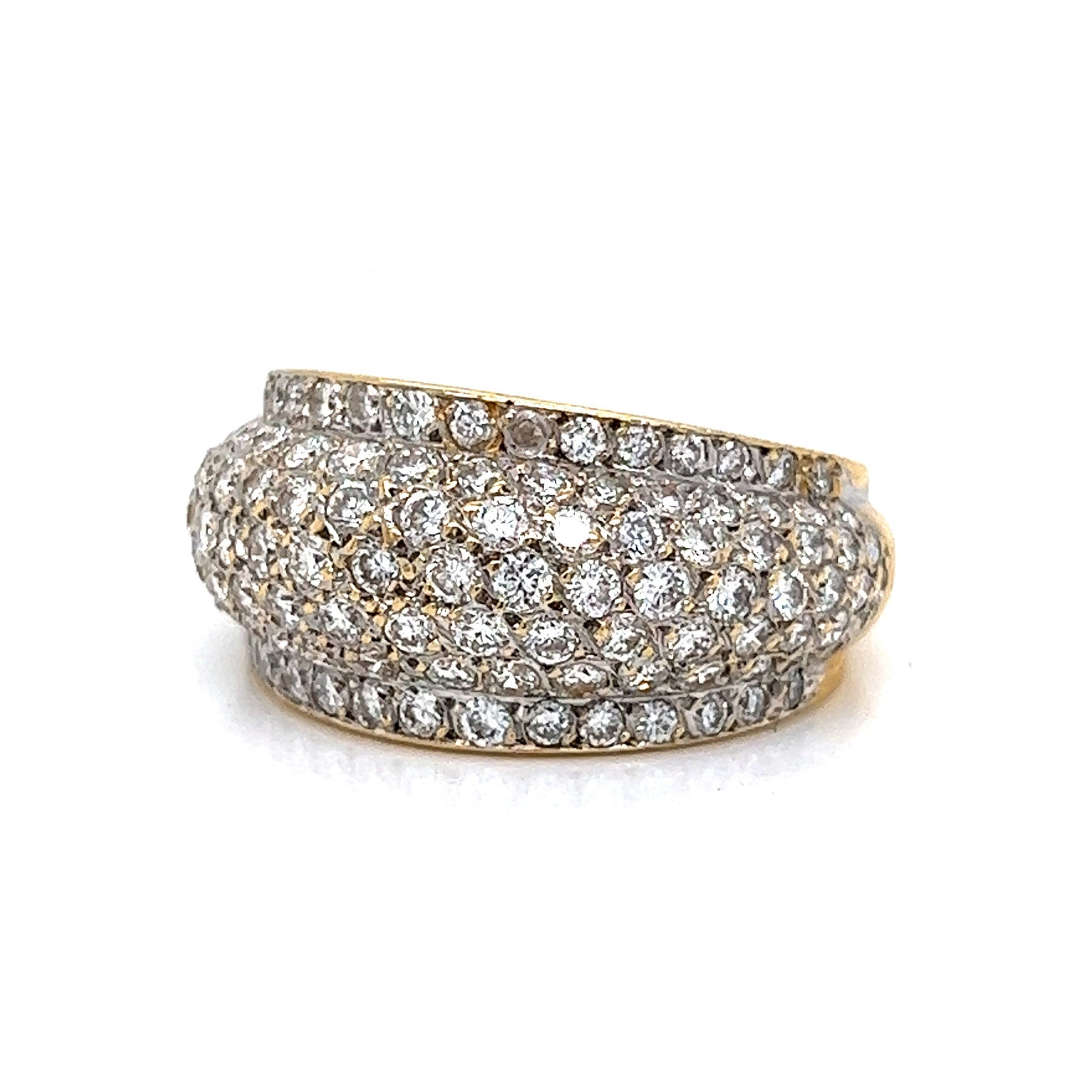 Pave Diamond Flat Edge Dome Ring in 18k Yellow & White Gold