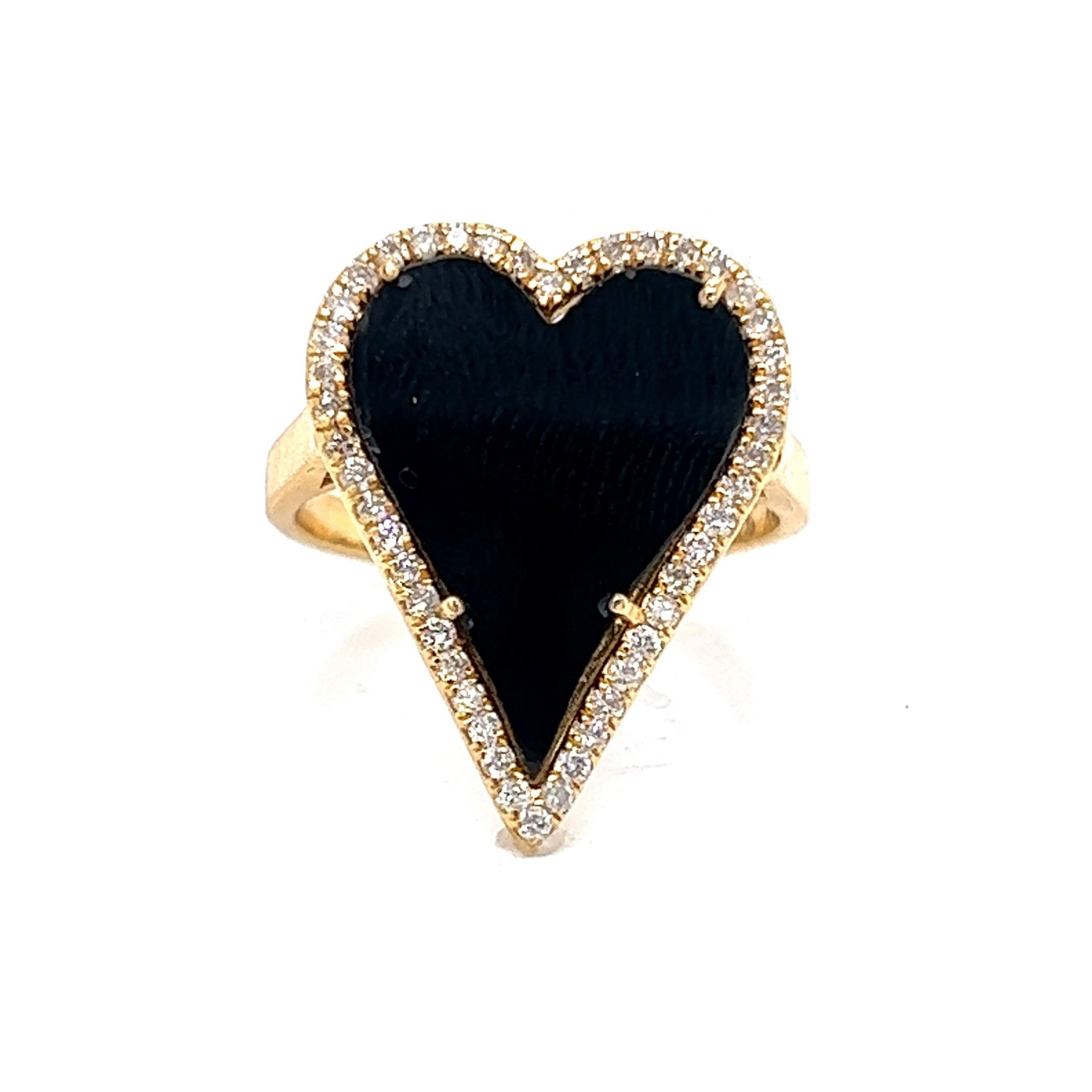 Heart Shaped Onyx Diamond Cocktail Ring in 14k Yellow Gold Filigree Jewelers