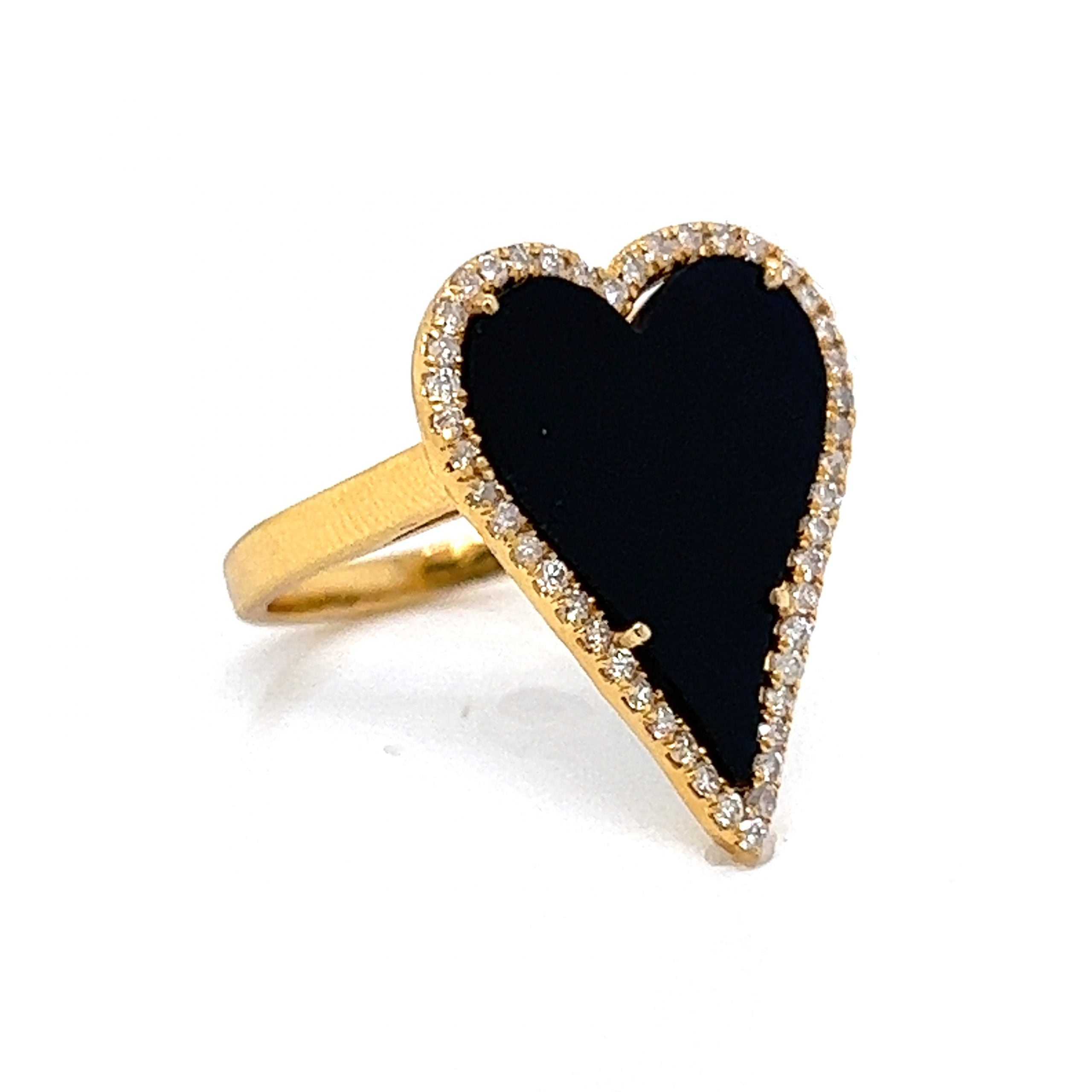 Heart Shaped Onyx Diamond Cocktail Ring in 14k Yellow Gold Filigree Jewelers