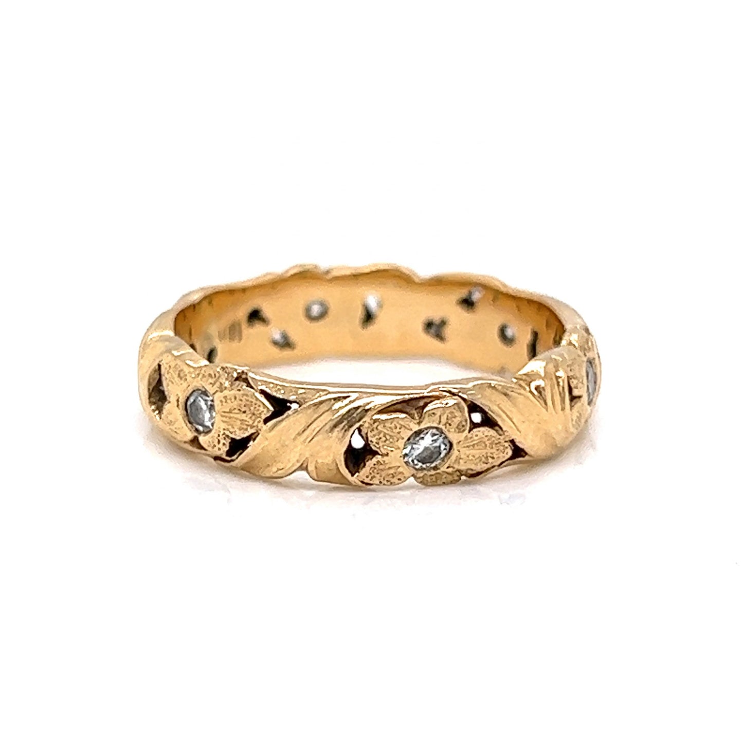 Vintage Floral Diamond Eternity Wedding Band in 18k Yellow Gold